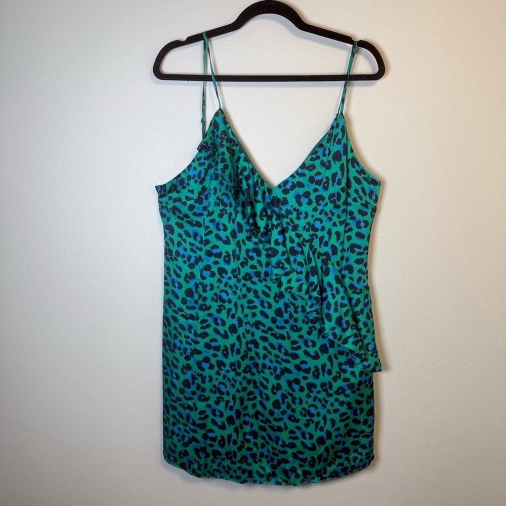 LPA V-Neck Asymmetrical Ruffle‎ Jade Leopard Print Mini Dress Size XL Revolve